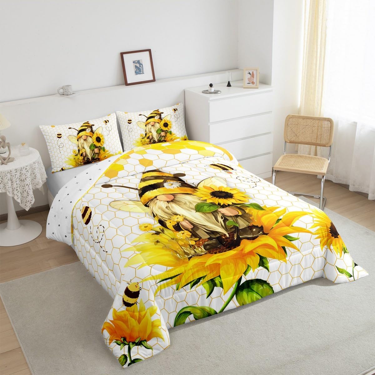 Feelyou Boys Girls Honey Bee Duvet Insert Toddler Size, Honeycomb Comforter Set Sunflower Bedding Set Kids Teens Bedroom Decor 2Pcs