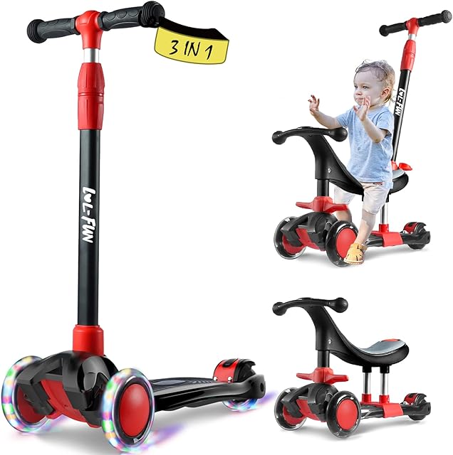 LOL-FUN 3 Wheels Scooter for Kids Ages 3-5 Boy Girl Toys 2 Year Old Gift, 3 in 1 Toddler Scooter Balance Bike & Push Scooter for Age1+, 4 Adjustable Height Childrens Scooter with Lean-to-Steer