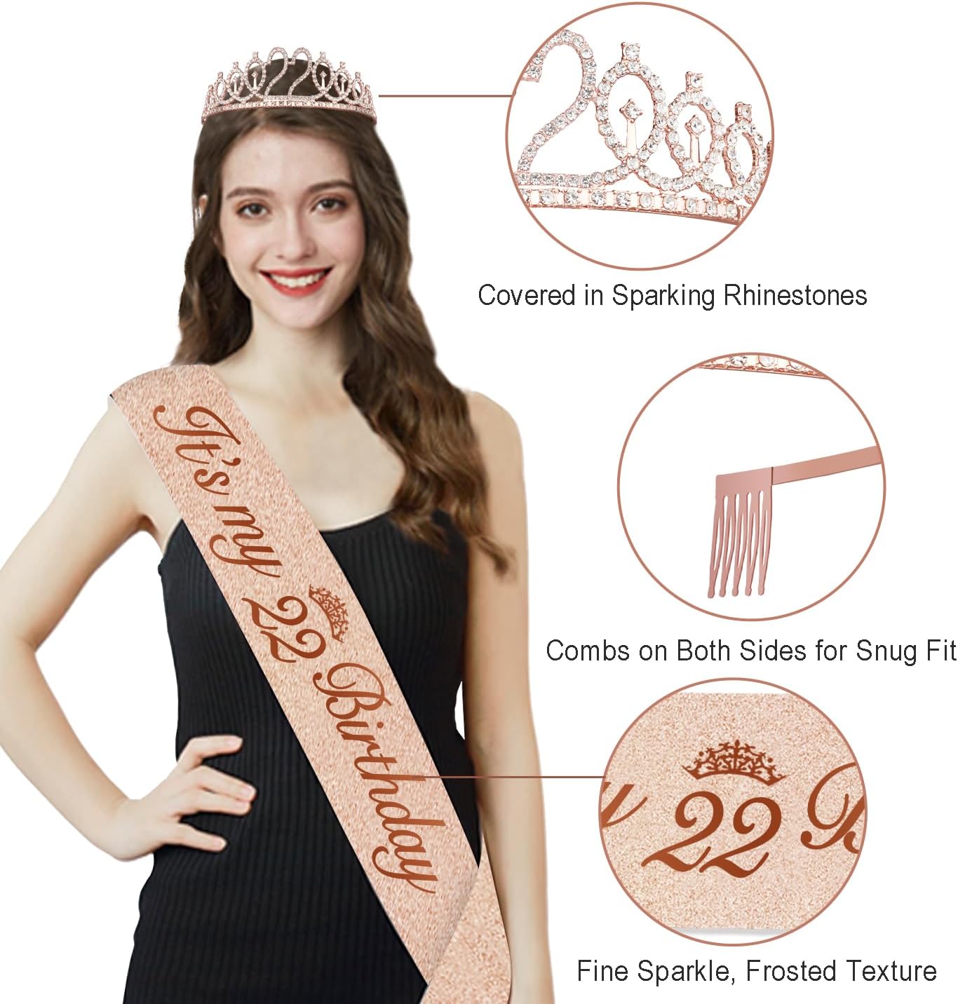 22nd Birthday Decorations for Girls,32PCS 22nd Birthday Party Decorations,Including Backdrop, Crown, Sash, banner, Hanging Swirl,balloons,Cake Topper,Paper Fans and Anniversary Card - Image 3