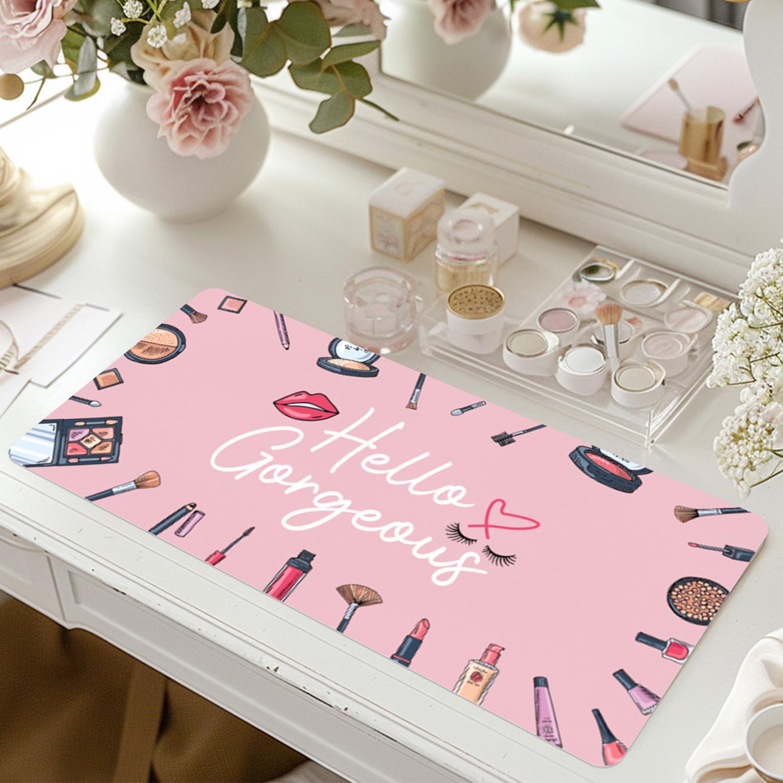 Makeup Mat for Vanity Desk, Dual Side Makeup Desk Mat Dressing Table Pad Work Station Table Cover, Waterproof Oilproof Dustproof Smooth Soft (Baby Pink/Silver, 31.5" x 15.7")