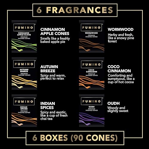 Miniatura 10 de Fumino Paquete múltiple de conos de incienso frescos, 6 cajas de 120 conos, fragancia de aroma Masala Agarbatti Joss para relajación y meditación,