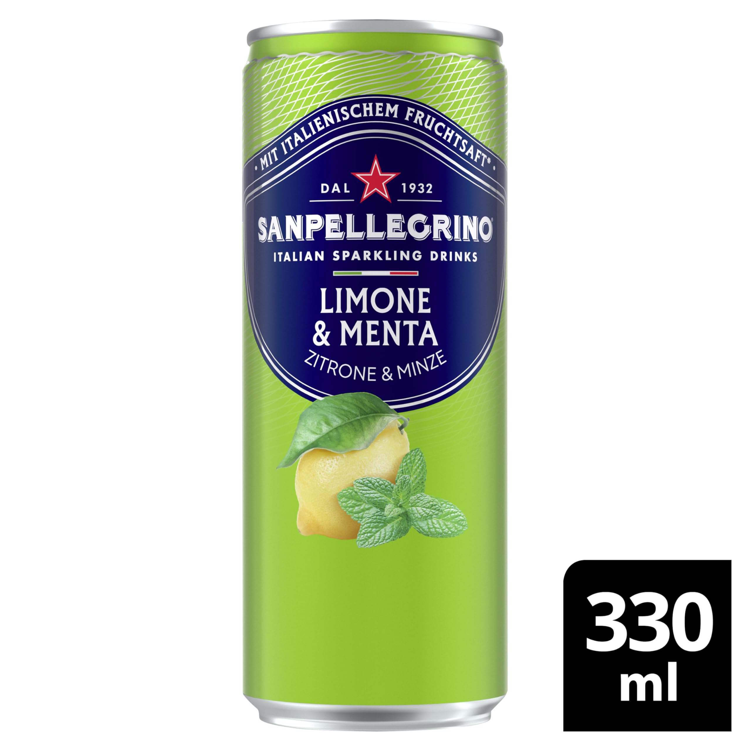San Pellegrino Limone & Menta, Zitrone-Minze-Limonade mit 16% Zitronensaft (aus Konzentrat), 24er Pack (24 x 330ml) Einweg-Dosen
