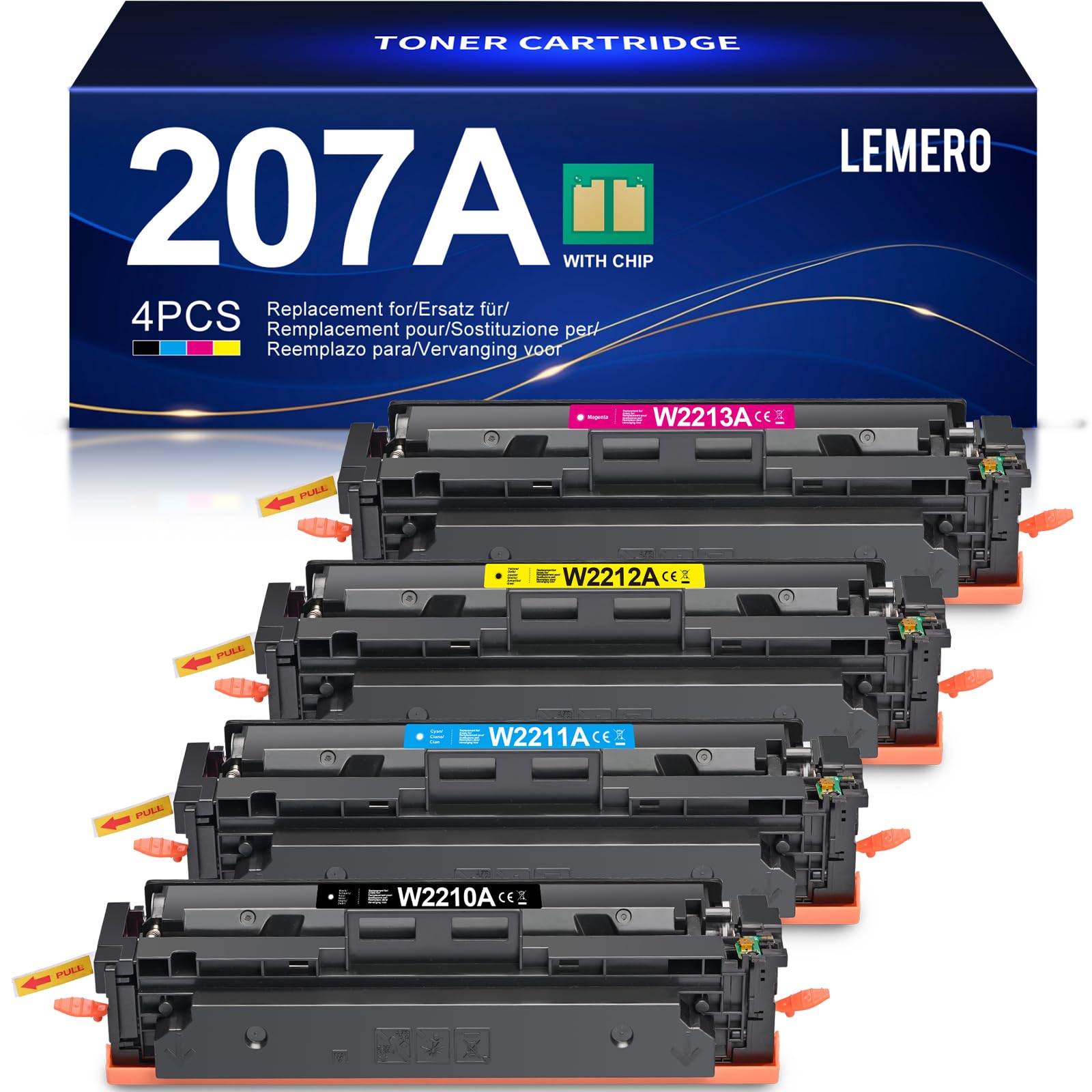 Lemero 207A Toner mit Chip Kompatibel für HP Color LaserJet Pro MFP m283fdw m255dw m282nw W2210A W2211A W2212A W2213A 207X Toner Set (Schwarz Cyan Magenta Gelb) 4er-Pack