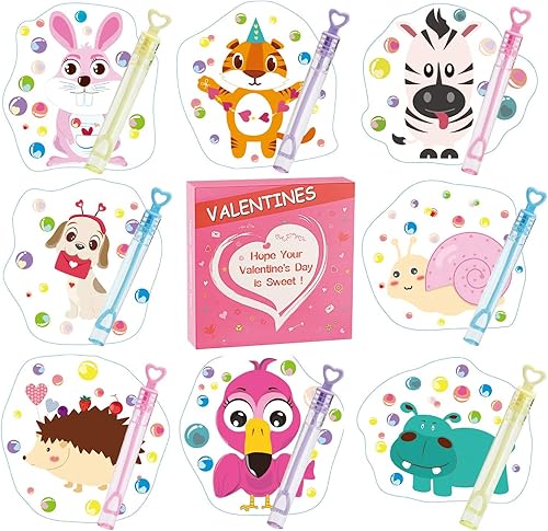 Miniatura 8 de Cartas de San Valentín para niños  32 mini varitas de burbujas + 32 cartas de San Valentín para niños, 8 lindos diseños de animales, para la