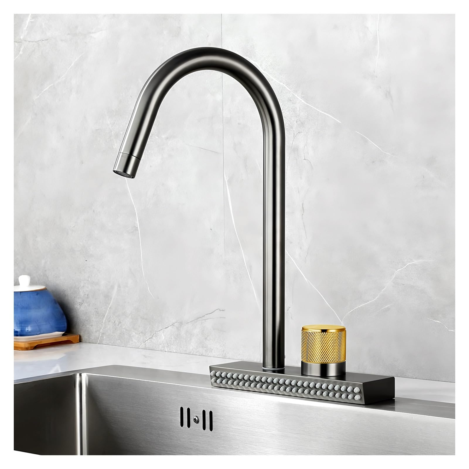 Lmysxaoz Gray Kitchen Sink Faucet, Waterfall With Circular Friction Rotary Adjustment Button, For