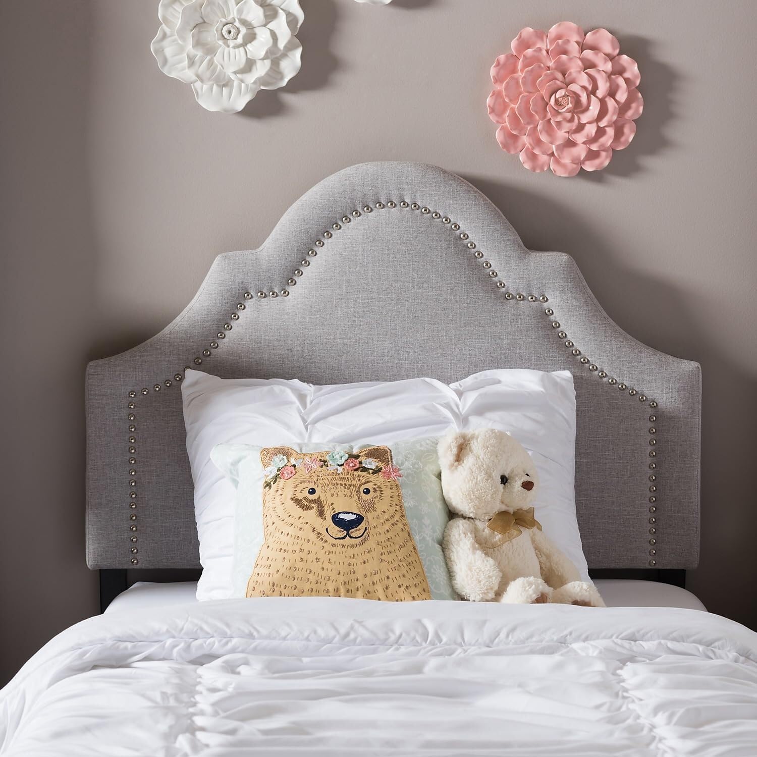 HomeStock Eclectic Elegance Upholstered Headboard in Wall Mount, Stylish Nail Head Trim Design Headboard, Modern Upholstered Headboard Beige/King