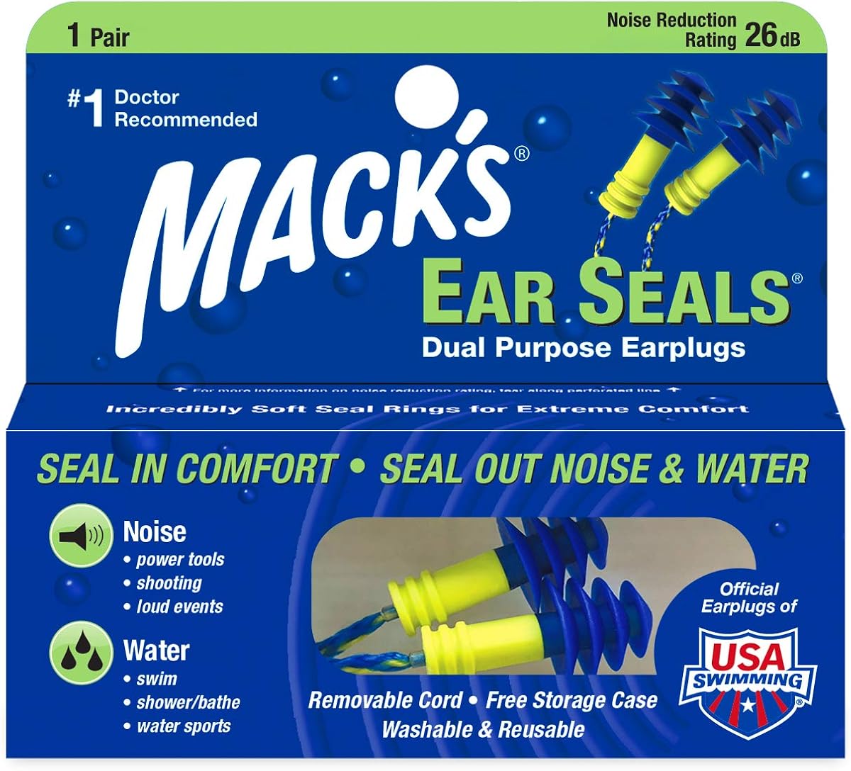 Tapones para los oídos Mack's Ear Seals, 1 par con cable desmontable - 26db High NRR - Tapones para los oídos cómodos de doble propósito para reducir el ruido y bloquear el agua