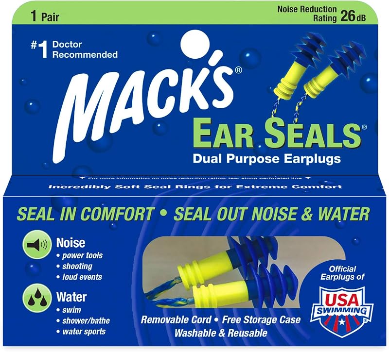 Tapones para los oídos Mack's Ear Seals, 1 par con cable desmontable - 26db High NRR - Tapones para los oídos cómodos de doble propósito para reducir el ruido y bloquear el agua