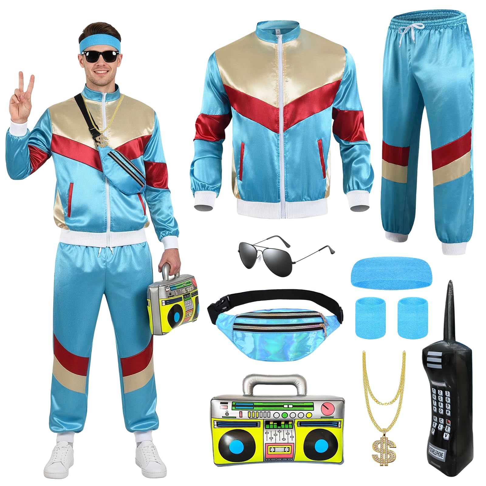 Xerteam 80s 90s Fancy Dress Men with Accessories, Retro 80s 90s Hip Hop Outfit for Adults, 80s Fancy Dress Set with 1 Sportswear Shirt Pant Hat Necklace Balloon Glasses (Blue Yellow, M)