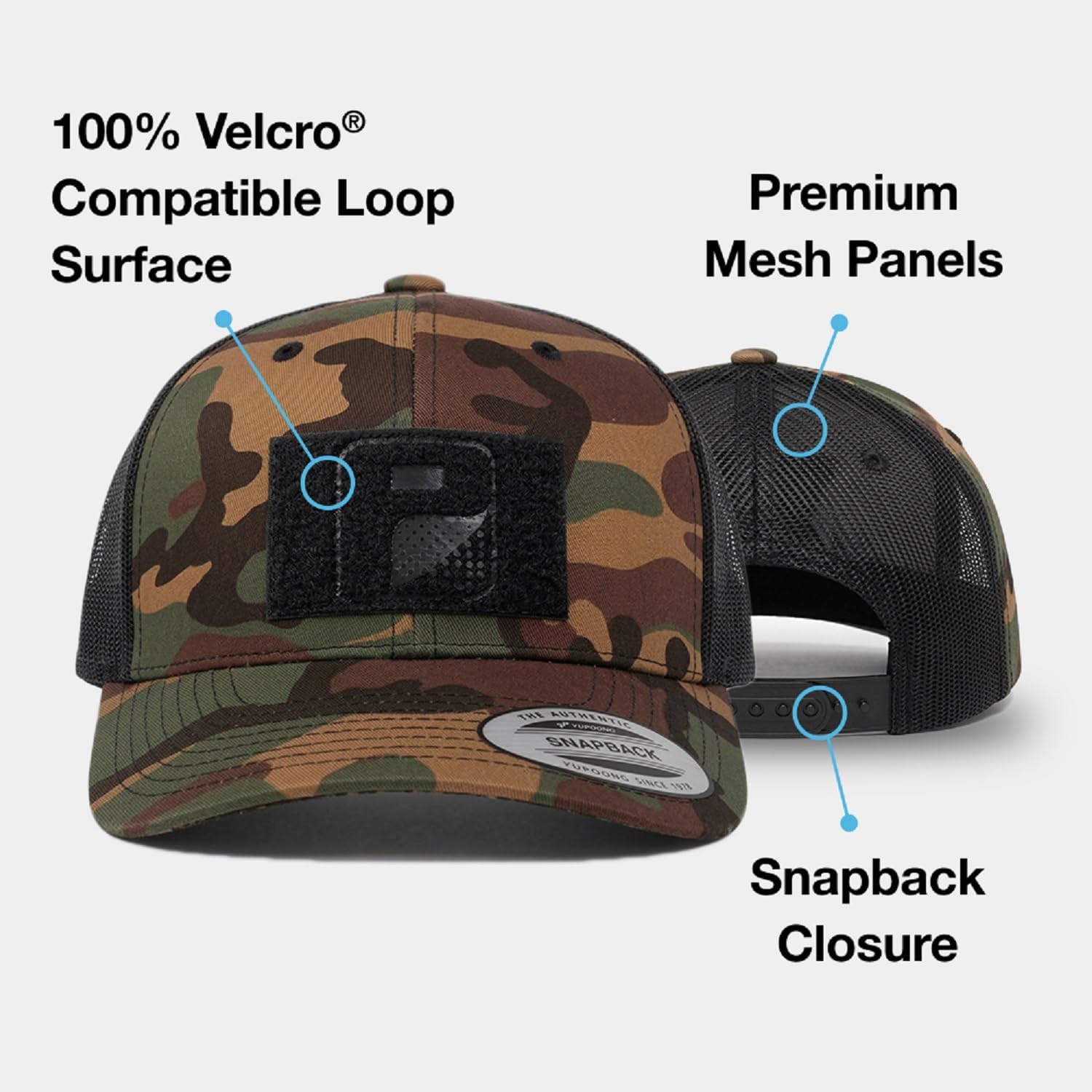 Pull Patch Tactical Hat | Authentic Snapback Camo Trucker Curved Bill Cap | 2x3 inch Hook & Loop Surface to Attach Morale Patches | (Vintage Camo and Black)