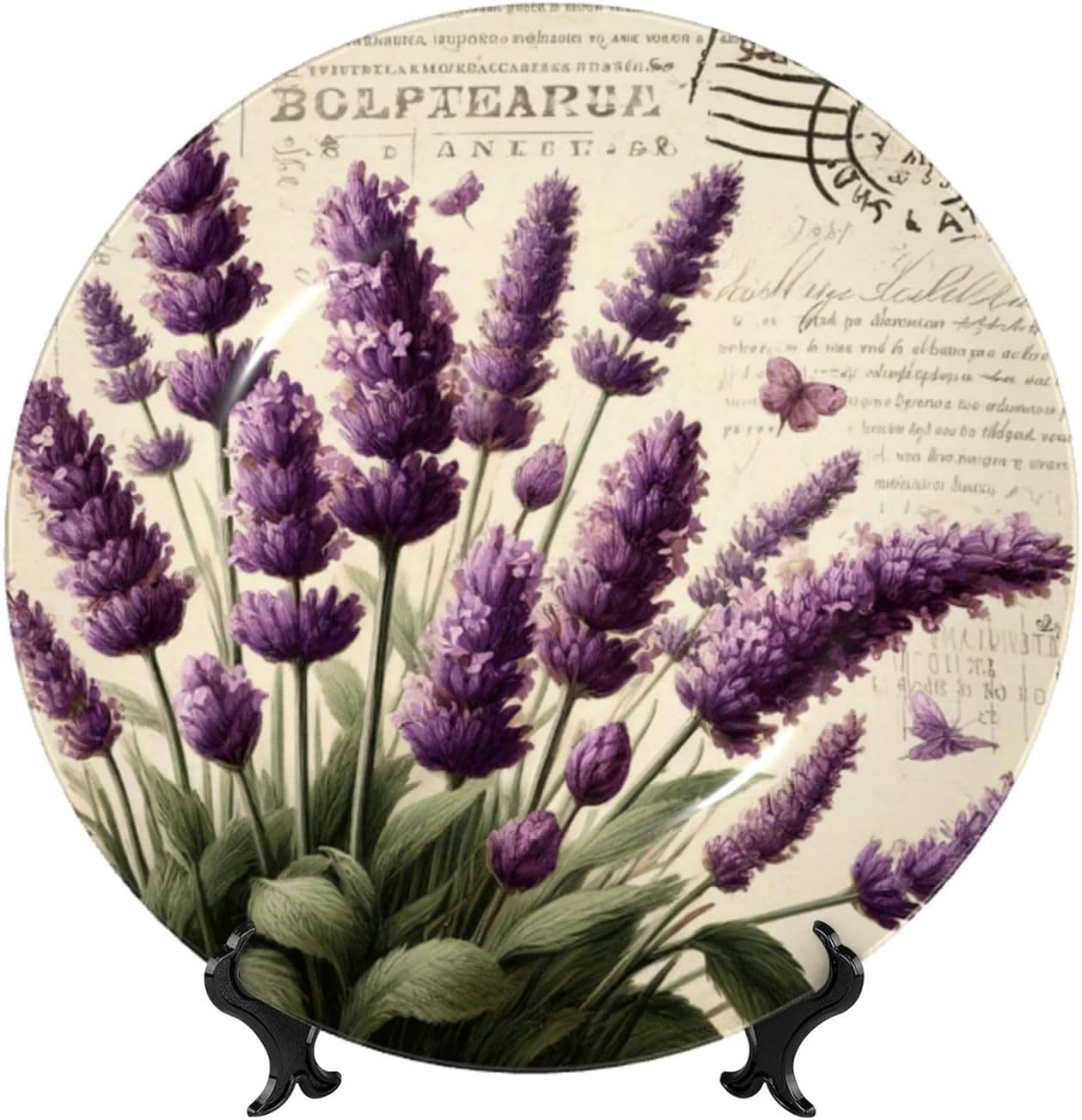 Lavender-Floral-Vintage-Postcard 10 Inch Decorative Plate With Stand, Elegant Display Wall Plate For Home Decor