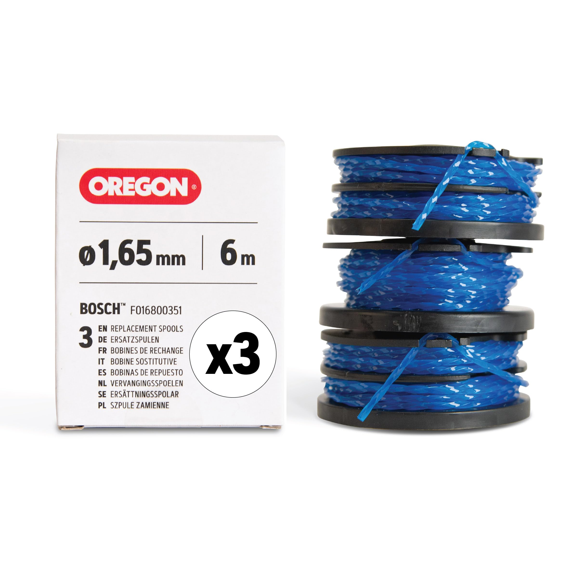 Oregon 3-Pack Replacement Bosch Strimmer Spool & Dual Line, Guaranteed Fit for F016800351, Fits Select Art Strimmers, Fitted with Premium Gatorline Square Twist Spool 1.65mm Strimmer Line