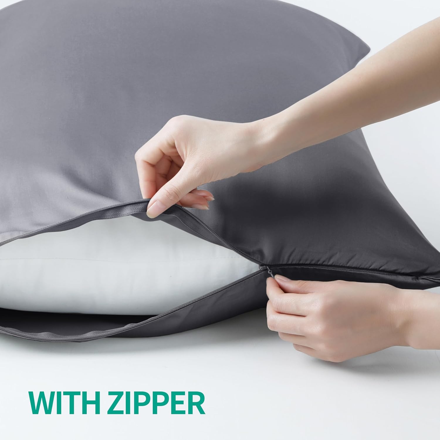 Bamboo Viscose Zippered Pillow Cases Queen Size Set of 2, 400 Thread Count Cooling Pillow Protectors for Hot Sleepers, Luxurious Hotel Quality - Silky, Soft, Breathable (20x30 Inches, Dark Grey) - Image 3