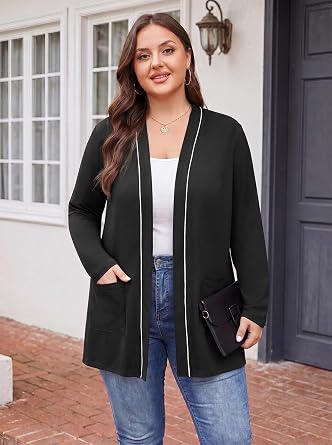 Lastshe Womens Plus Size Cardigan Long Sleeve Open Front Casual Sweater Lightweight Cardigans with Pockets