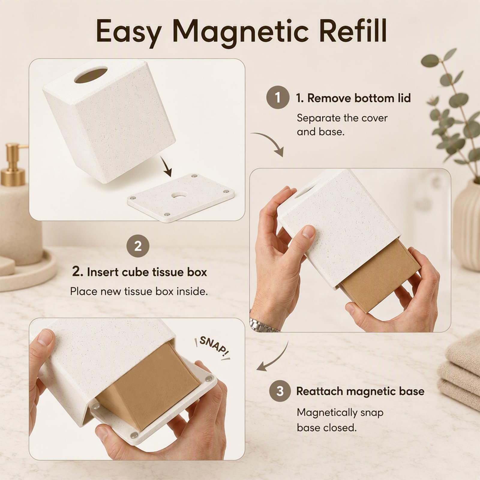 Moderner Taschentuchbox-Dekocover – Weiß quadratischer Halter mit Travertin-Optik & abnehmbarem Magnetboden, Schwerer Taschentuchspender für Badezimmer, Wohnzimmer, Büro, Schlafzimmer