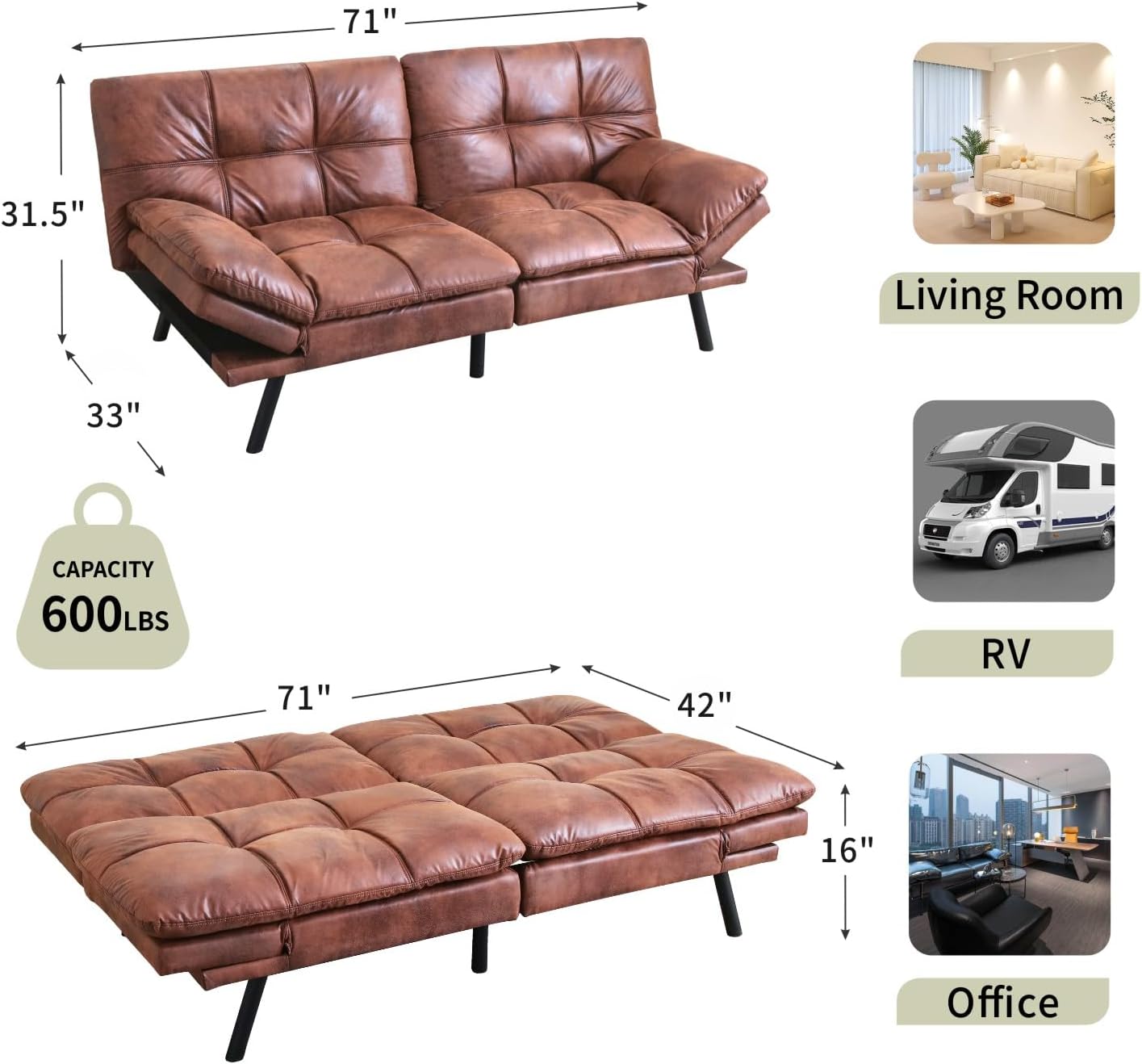 MUUEGM Faux Leather Futon Sofa Bed, Convertible Memory Foam Modern Couch Bed for Living Room,Compact Space,Apartment,Office,Adjustable Backrests Armrests Couch Sleeper,71" Loveseat,Dark Brown