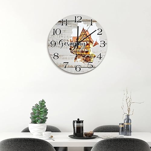 Miniatura 5 de Reloj de pared de madera con mapa de Alemania, reloj de pared de madera con pilas, reloj analógico de 15 pulgadas para colgar en la pared, arte