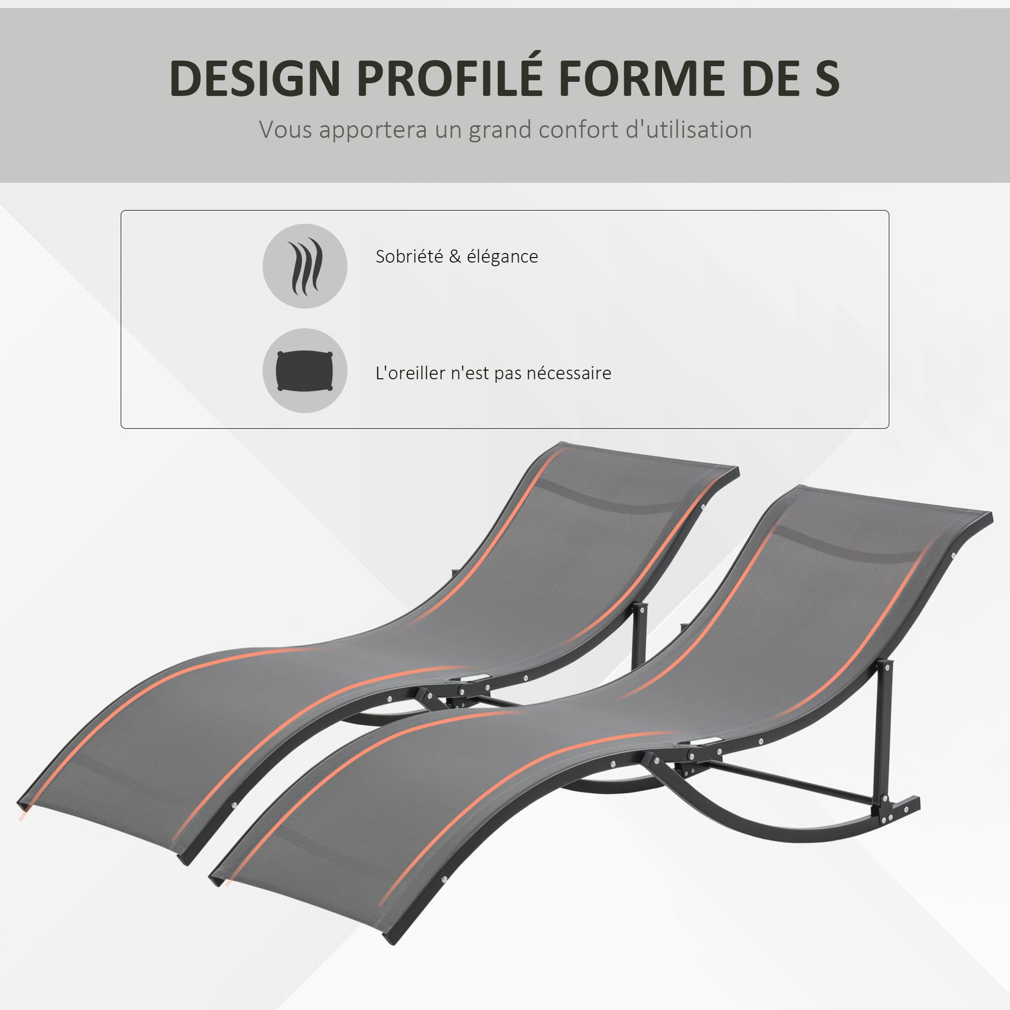 Outsunny Lot de 2 Bains de Soleil Pliables Chaise Longue 120 Kg Anthracite | Jardin Extérieur, Aluminium et Textilène, Transat Jardin Extérieur, pour Patio Terrasse Plage