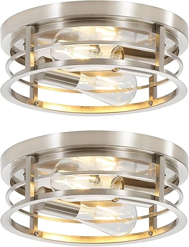 Lámpara de techo redonda empotrada de 2 luces, jaula de metal de níquel cepillado de granja cerca del techo, lámpara de montaje semitecho de base