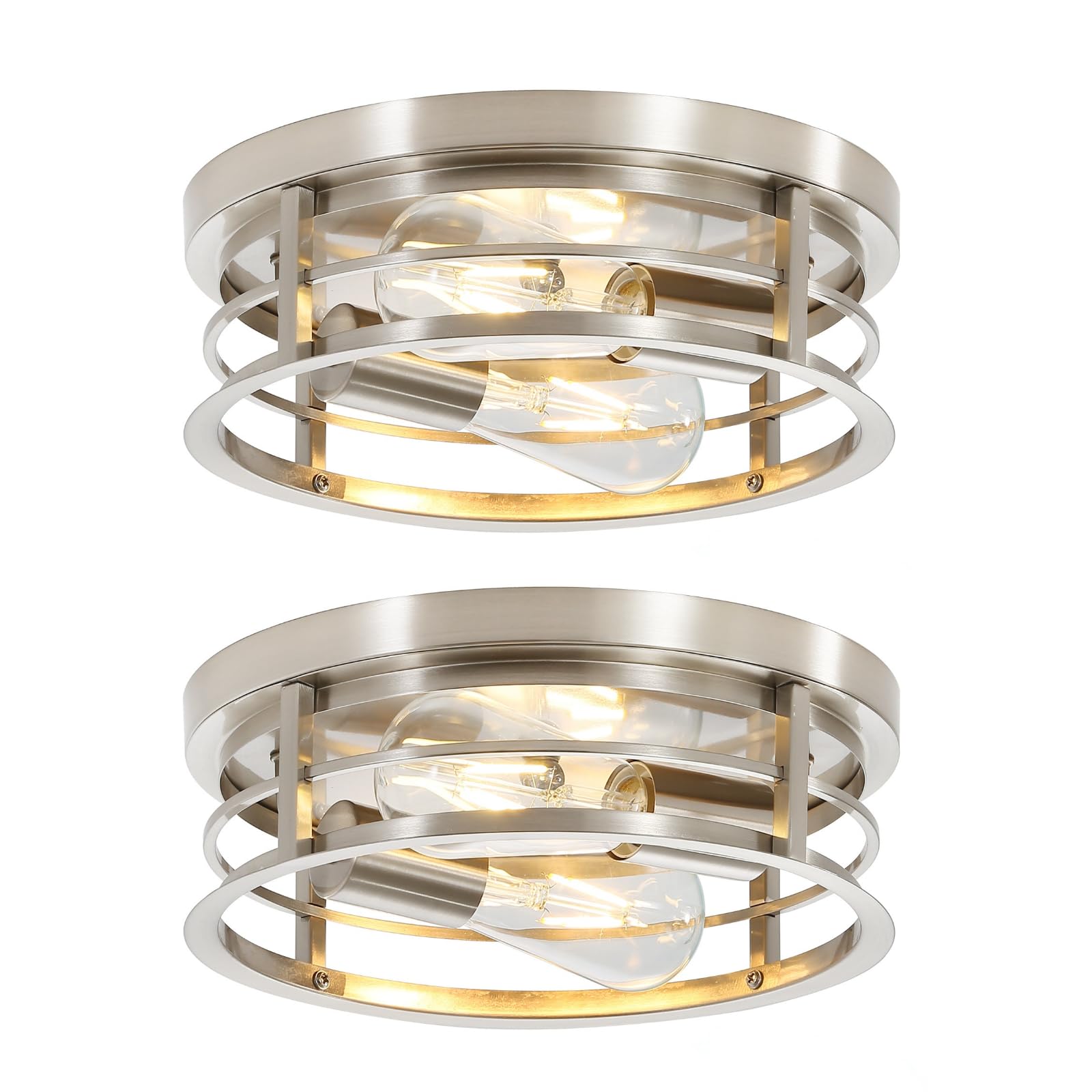 2-Light Round Flush Mount Ceiling Light Farmhouse Brushed Nickel Metal Cage Close to Ceiling Light Fixture 11inch E26