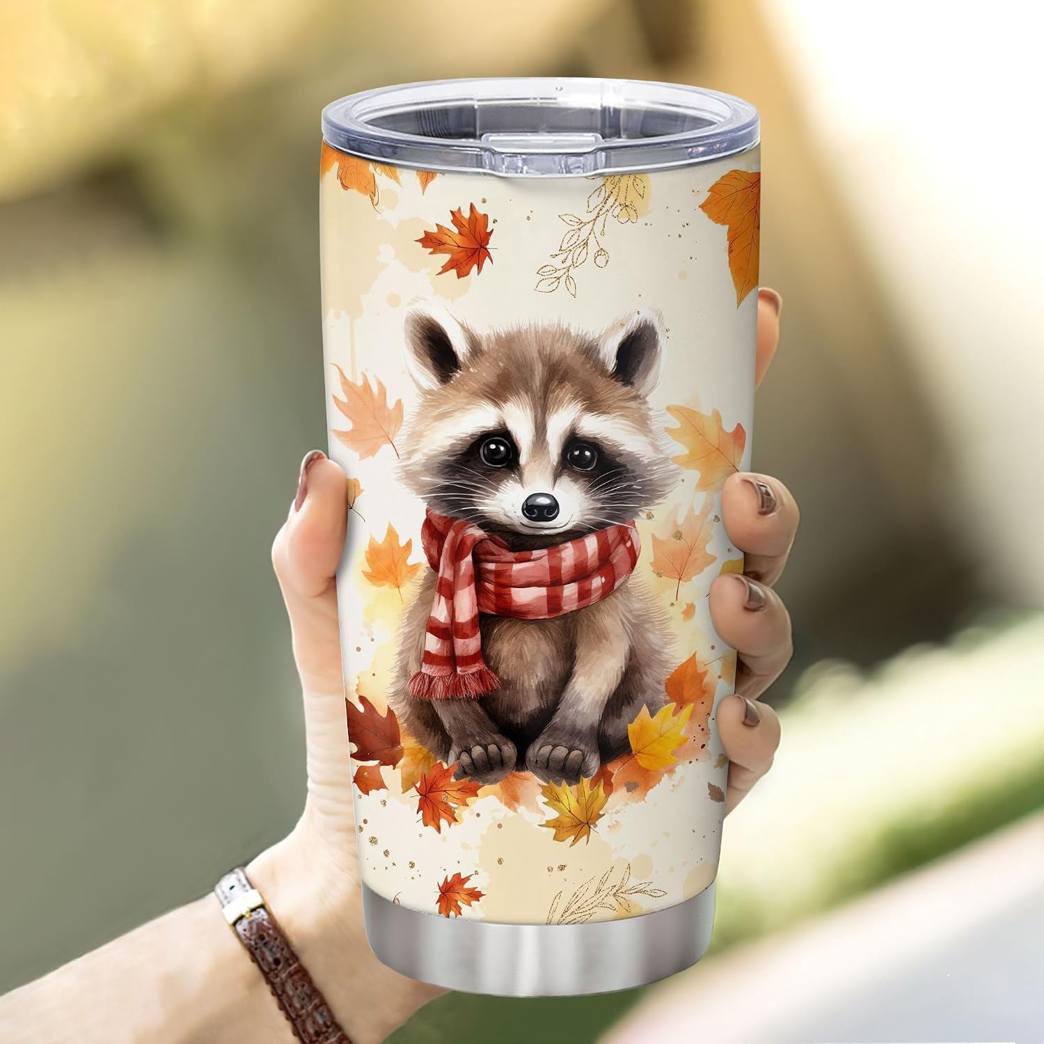 Hyturtle Personalized Fall Raccoon Maple Leaves Tumbler - Birthday Gifts For Raccoon Lovers - Fall Autumn Decor Gifts For Farmhouse Thanksgiving - Custom Name 20oz Stainless Steel Tumbler Travel Cup