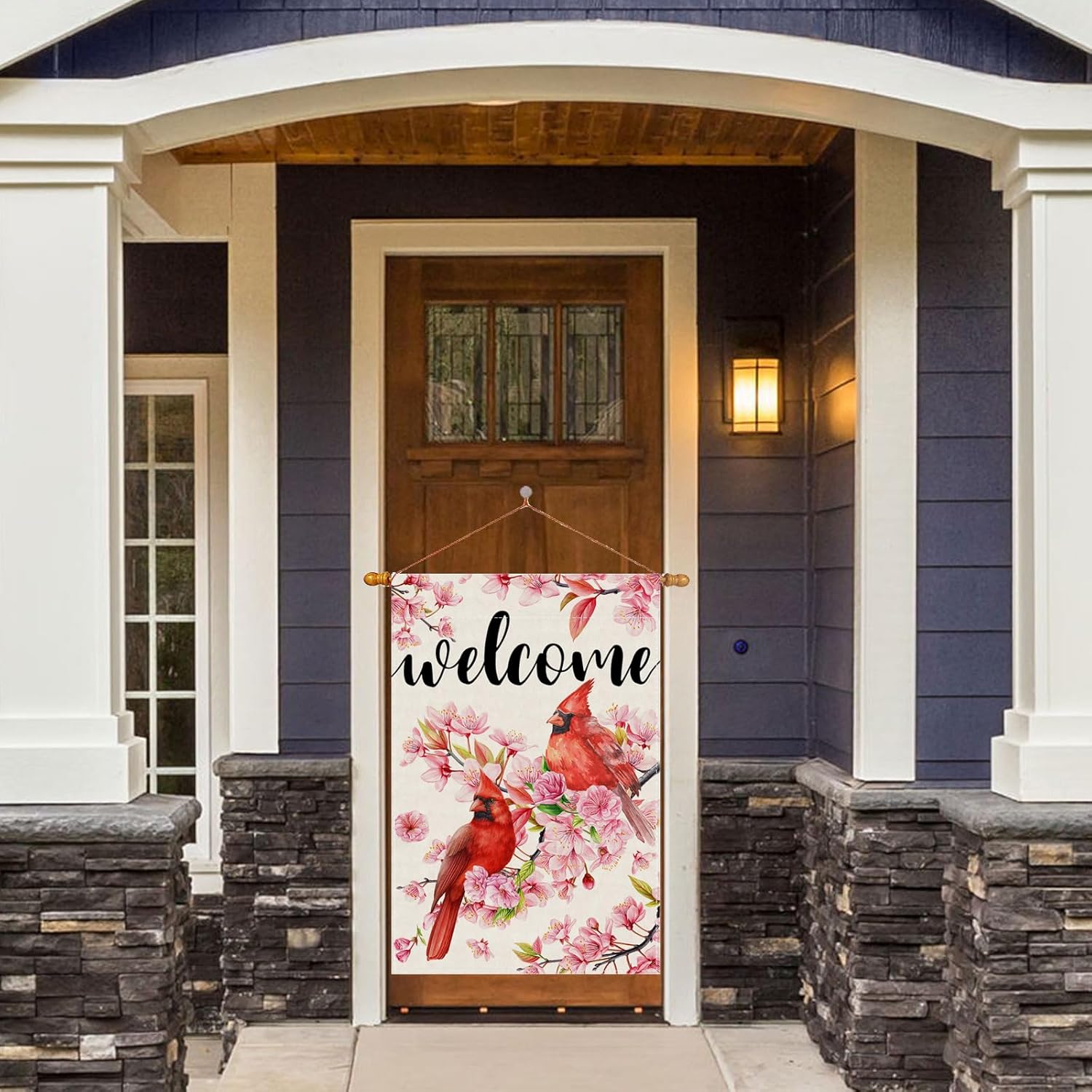 Welcome Watercolor Cardinals Birds Cherry Blossom Flowers Spring House Flag Burlap 28X40 Inch Vertical Double Sided Outside Yard Holiday Outdoor Farmhouse Decoration - Image 3