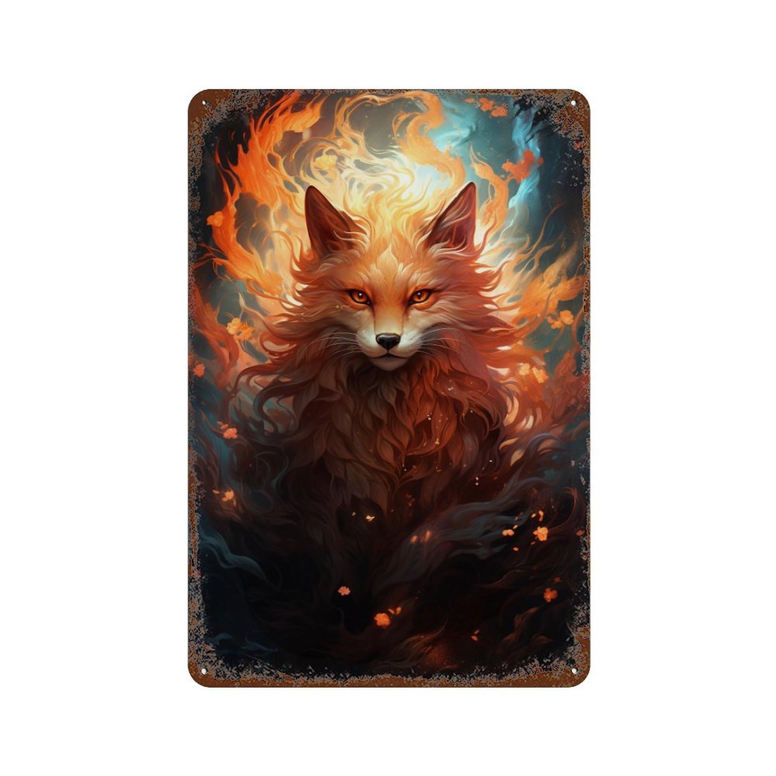 Vintage Rust Metal Sign Flaming Fox Artwork 11.8"x7.9", Vintage Wall Decor for Office, Studio And Wall Decor