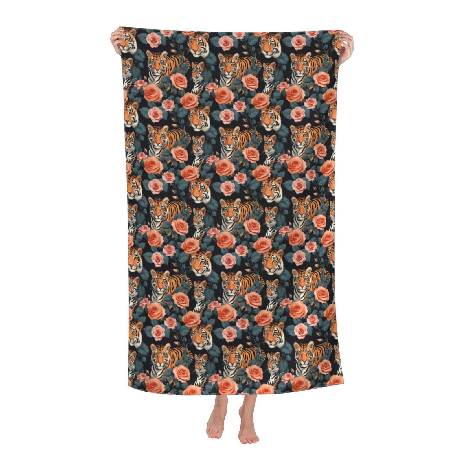 Pojknbv White Tiger Leopard Print Rose Print Oversized Adult Beach Towel Quick-Dry Comfortable Lightweight Travel Pool Camping