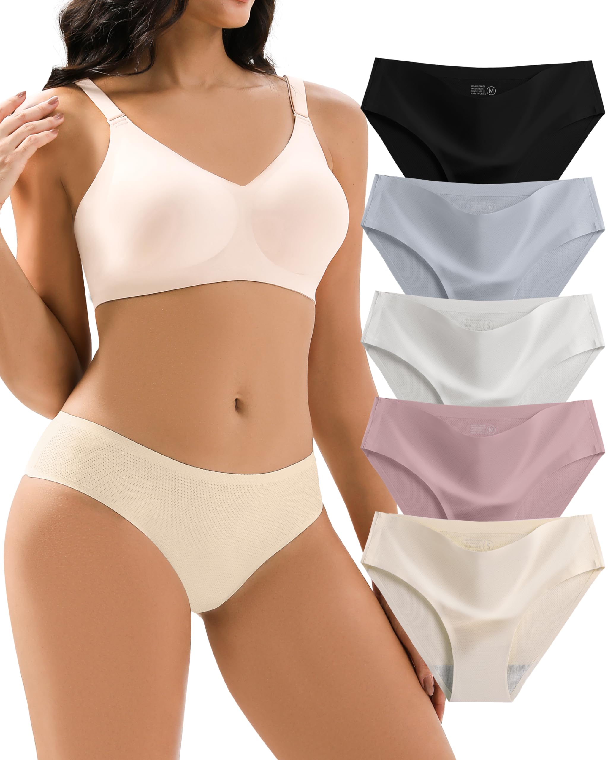 Jaywan Womens Seamless Bikini Cheeky Panties 5 Pack No Show Underwear Breathable Stretchy Fabric Multi-Color for Everyday