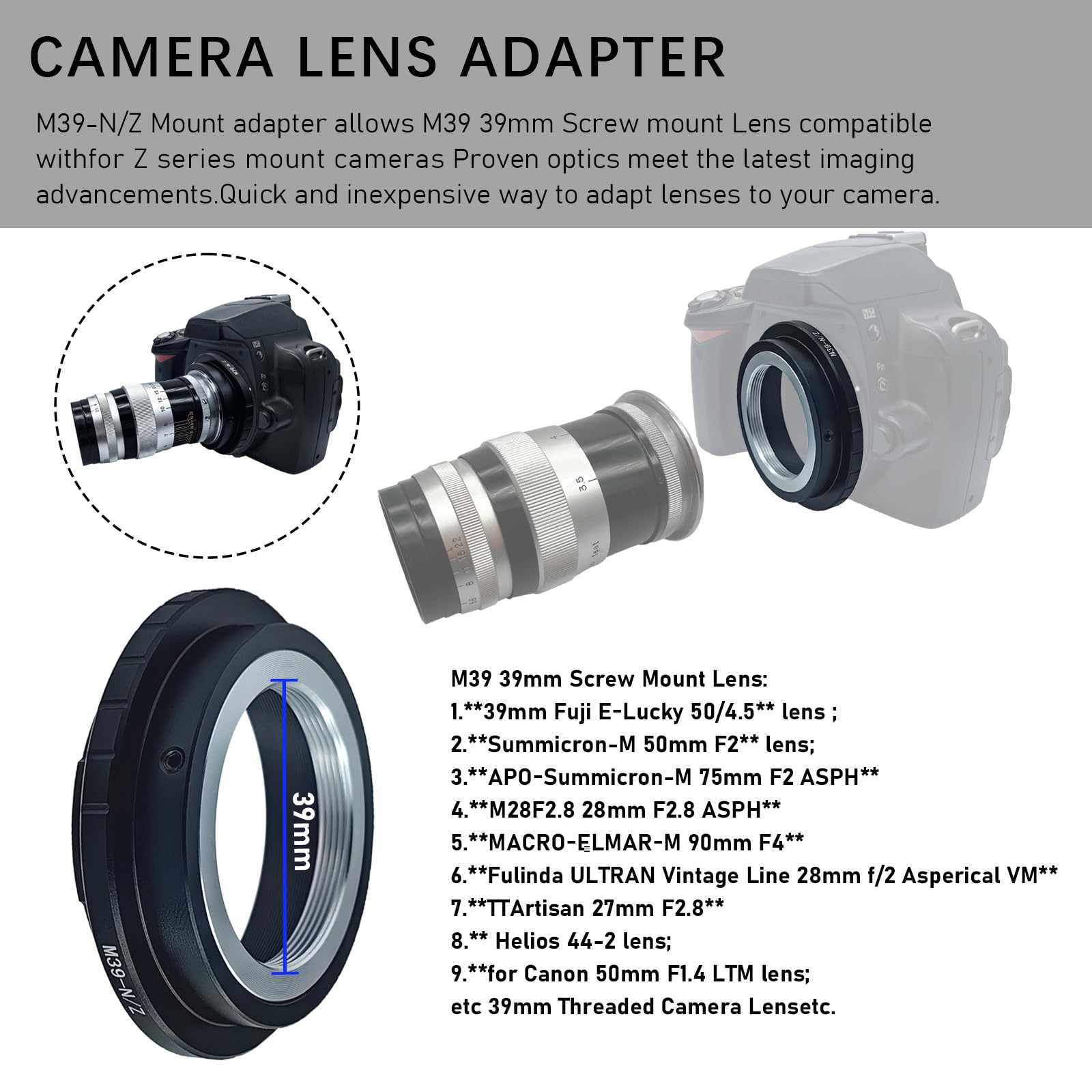 M39-Niko Z - Anillo Adaptador de Objetivo para LM L39 M39 (39 mm, Compatible con Nik Z 7 y para Niko Z 6, cámara de Formato Completo sin Espejo, M39 a Niko Z)