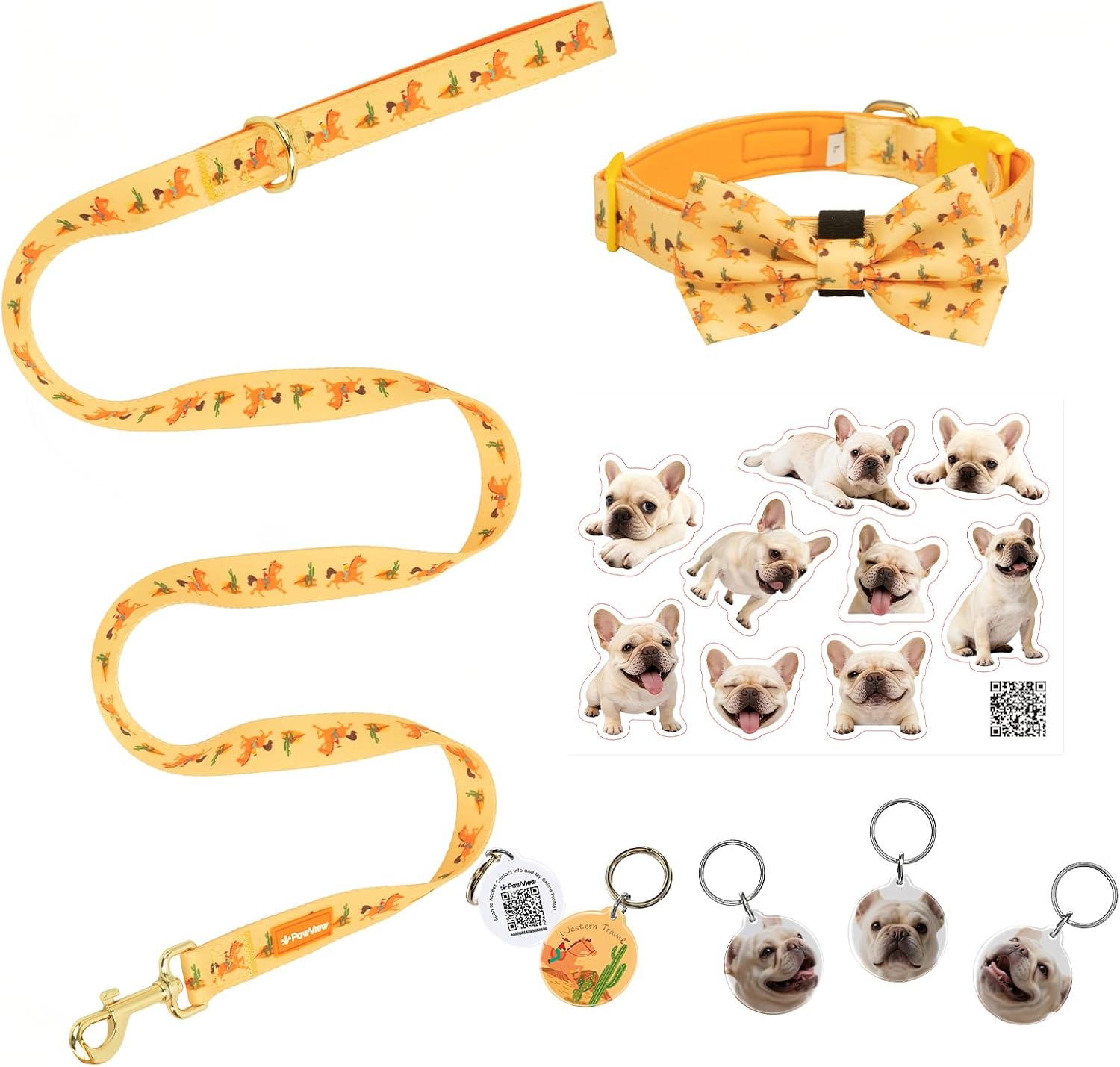 French Bulldog Polyester Dog Collar and Leash Set with Bowtie, Smart & Safe Design, Includes 1 ID Tag + 3 Frenchie Dog Tags for Instant Location & 2 Sticker Sheets, Stylish Gift Set,S