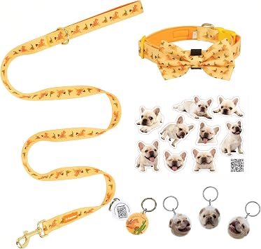 French Bulldog Polyester Dog Collar and Leash Set with Bowtie, Smart & Safe Design, Includes 1 ID Tag + 3 Frenchie Dog Tags for Instant Location & 2 Sticker Sheets, Stylish Gift Set,S