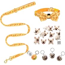 French Bulldog Polyester Dog Collar and Leash Set with Bowtie, Smart & Safe Design, Includes 1 ID Tag + 3 Frenchie Dog Tags for Instant Location & 2 Sticker Sheets, Stylish Gift Set,S