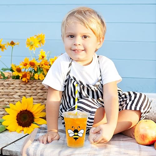 Miniatura 5 de Whaline 50 vasos de plástico desechables de abeja con tapas y pajitas de 12 onzas, vasos de fiesta de 12 onzas para bebidas frías de abeja, para