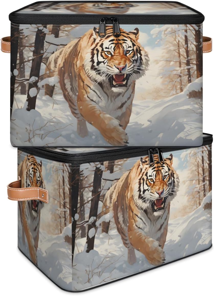 Storage Bin Set of 2 Snow Forest Tiger Storage Basket with Zipper Lid & Handle Foldable Closet Shelf 2 Pack Cloth Organizer Basket Cube Bins Clothes Organizer for Nursery, Bedroom