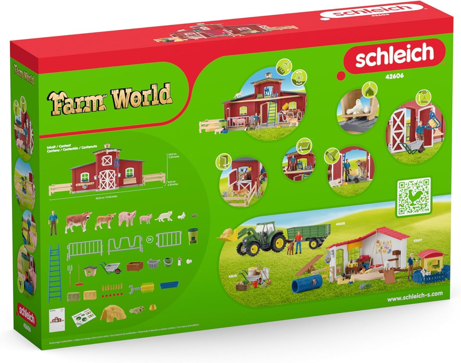 schleich FARM WORLD | Duża czerwona farma z domem wiejskim 42606 | Zestaw z domem, rolnikiem, krową, świnią, kotem, myszą i akcesoriami | realistyczna zabawka farma dla dzieci od 3 lat | 92 elementy