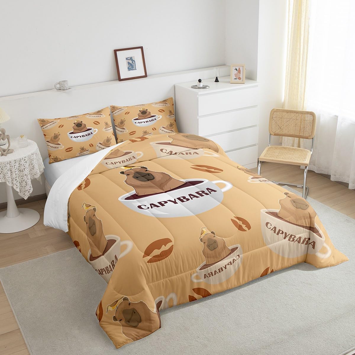 Feelyou Cute Capybara Comforter Set Queen Size with 2 Pillow Case Cartoon Capybara Bedding Set Coffee Comforter Brown Print Quilted Duvet Set for Kids Adults Boys