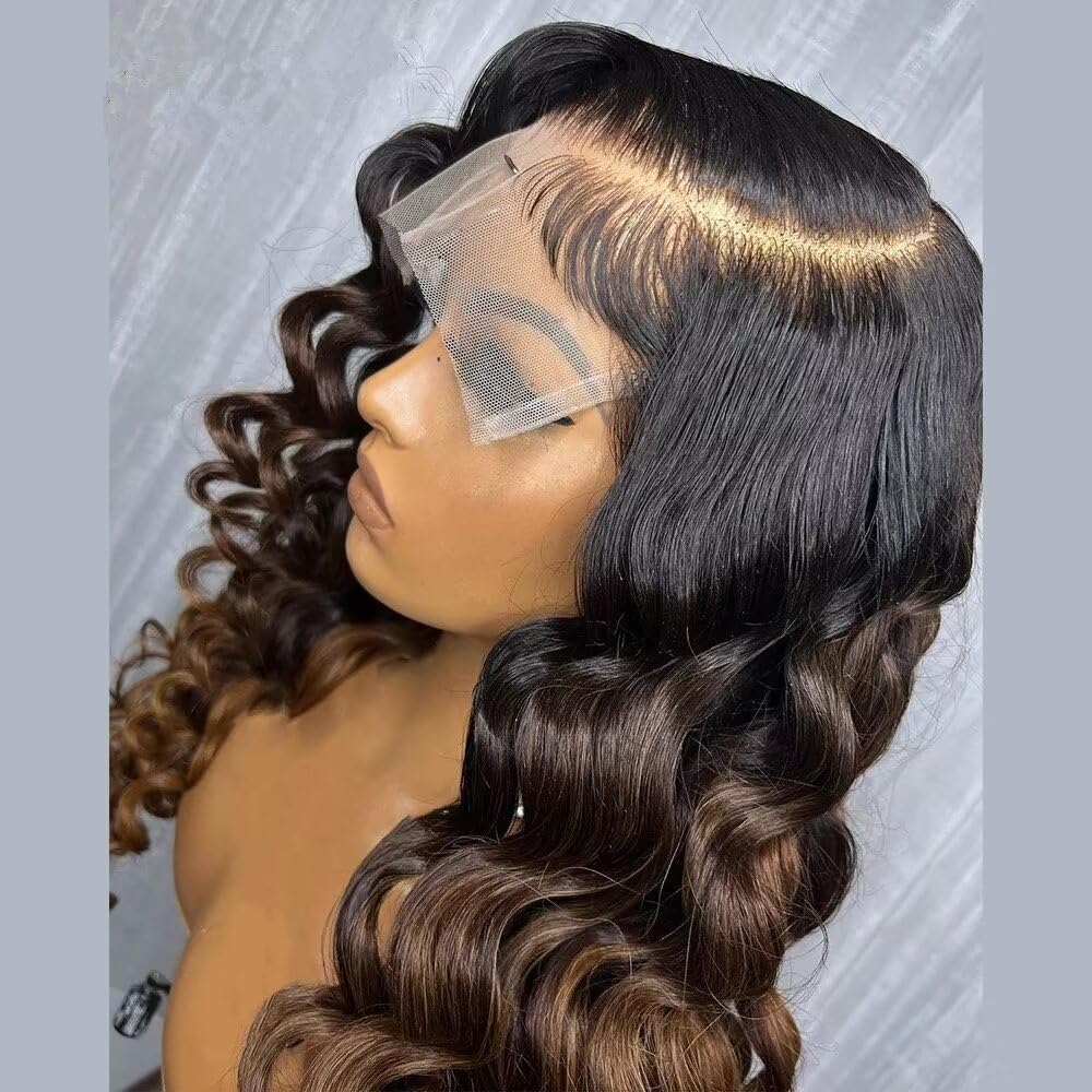 180% Density Loose Deep Wave Human Hair Ombre Brown Wigs Glueless 13X4 HD Transparent Lace Front Wig Brazilian Hair For Woman Two Tone Colored Curly Human Wigs with Baby Hair Bleached Knots