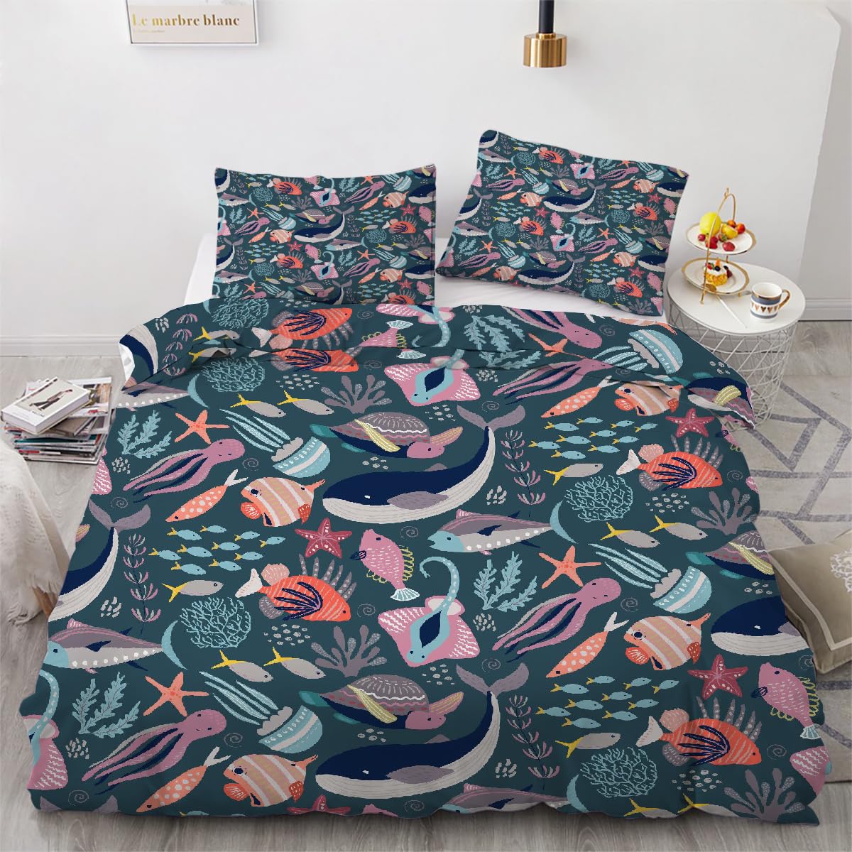 Housse de couette animaux marins douce en microfibre 3 pièces pour grand lit