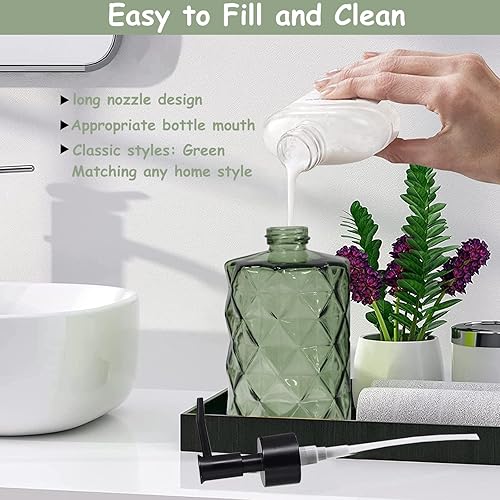 Miniatura 3 de Dispensador de jabón de vidrio verde con bomba de plástico negro, dispensador de jabón líquido recargable de 12 onzas, paquete de 2 botellas de