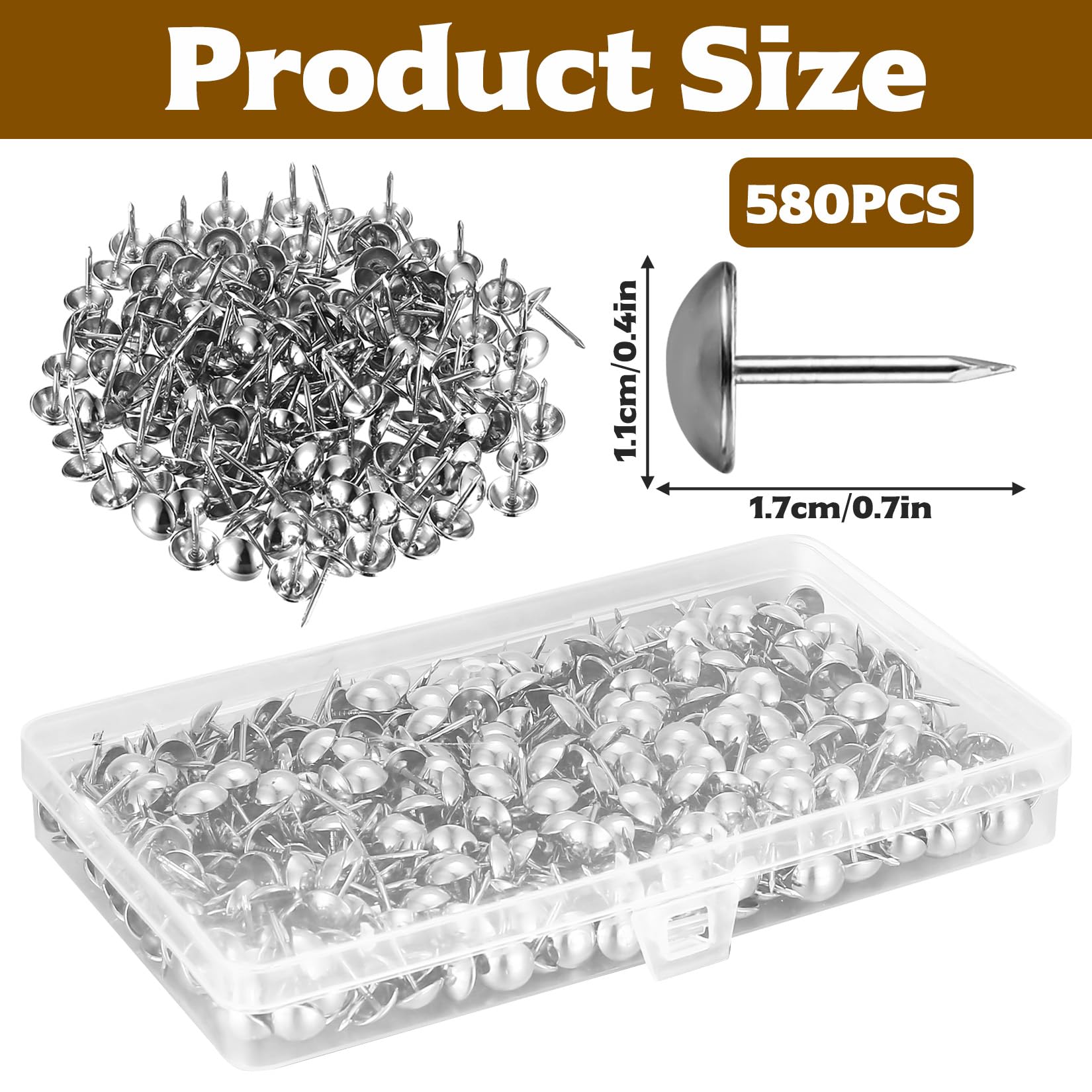 Tenbrachian 580 Pcs Upholstery Tacks, Antique Upholstery Pins, Silver Upholstery Nails Pins, Vintage Decorative Thumb Tacks - Image 2