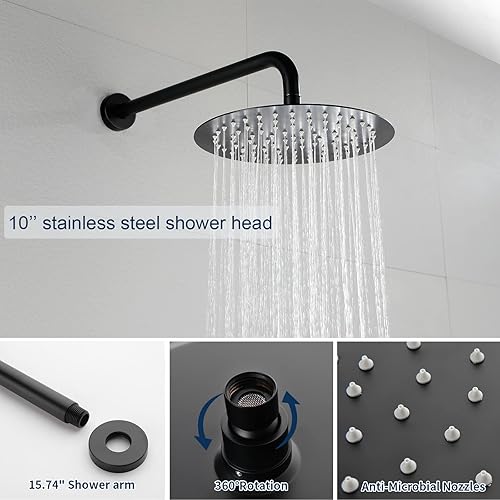 Miniatura 5 de Sistema de ducha negro mate, juego de grifo de ducha con cabezal de ducha de acero inoxidable de 10 pulgadas, juego de ducha con kit de moldura de