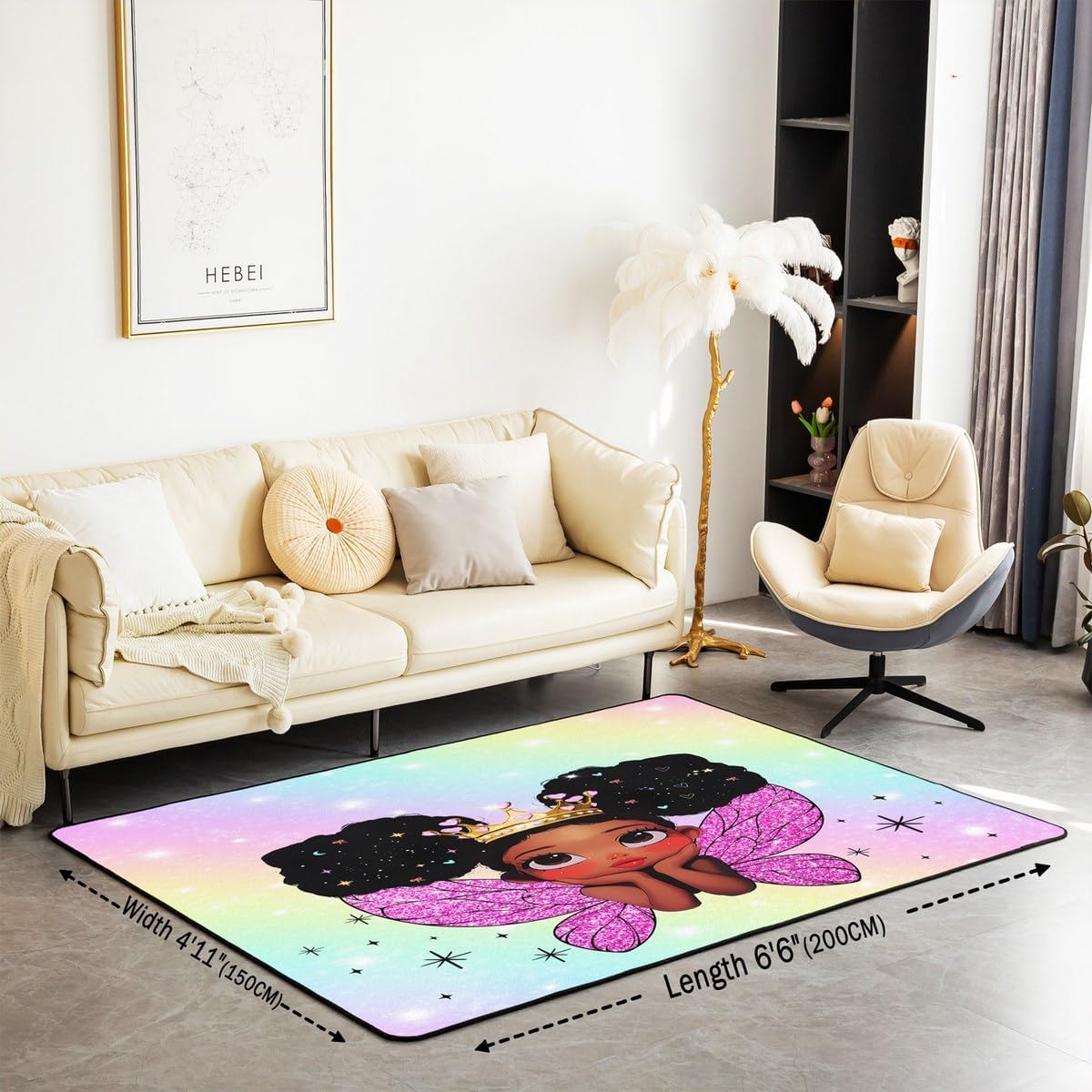 Feelyou Cute Black Girl Area Rug 3x5 African American Living Room Rugs for Bedroom for Kids Boys Girls Room Decor Princess Theme Fairy Wings Decor Carpet Indoor Floor Mat Polyester