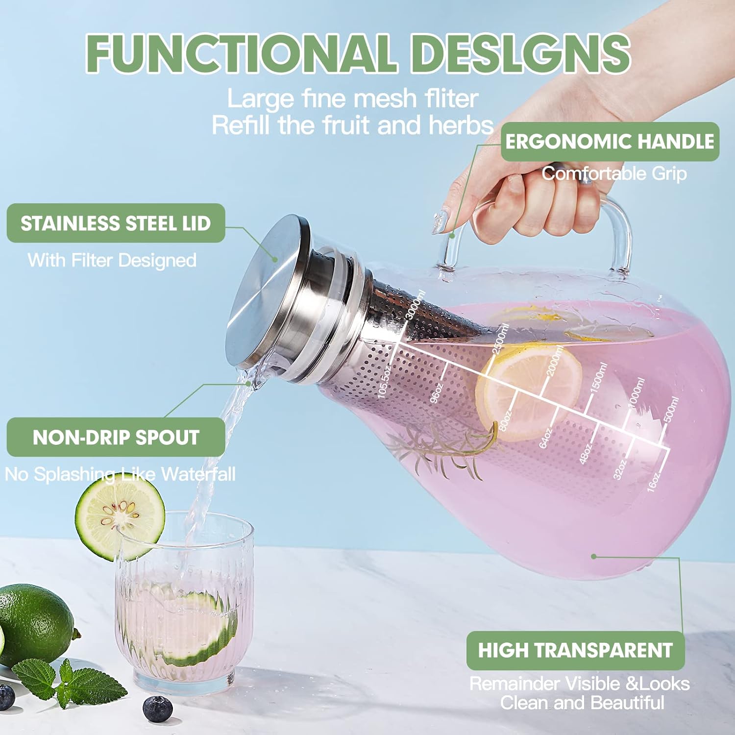 Glass Pitcher - 105.6oz Fruit Infuser Water Pitcher with Removable Lid and Precise Scale Line , 18/8 Stainless Steel Iced Tea Pitcher, Easy Clean Heat Resistant Infusion Pitcher for Cold Hot Beverages : Home & Kitchen