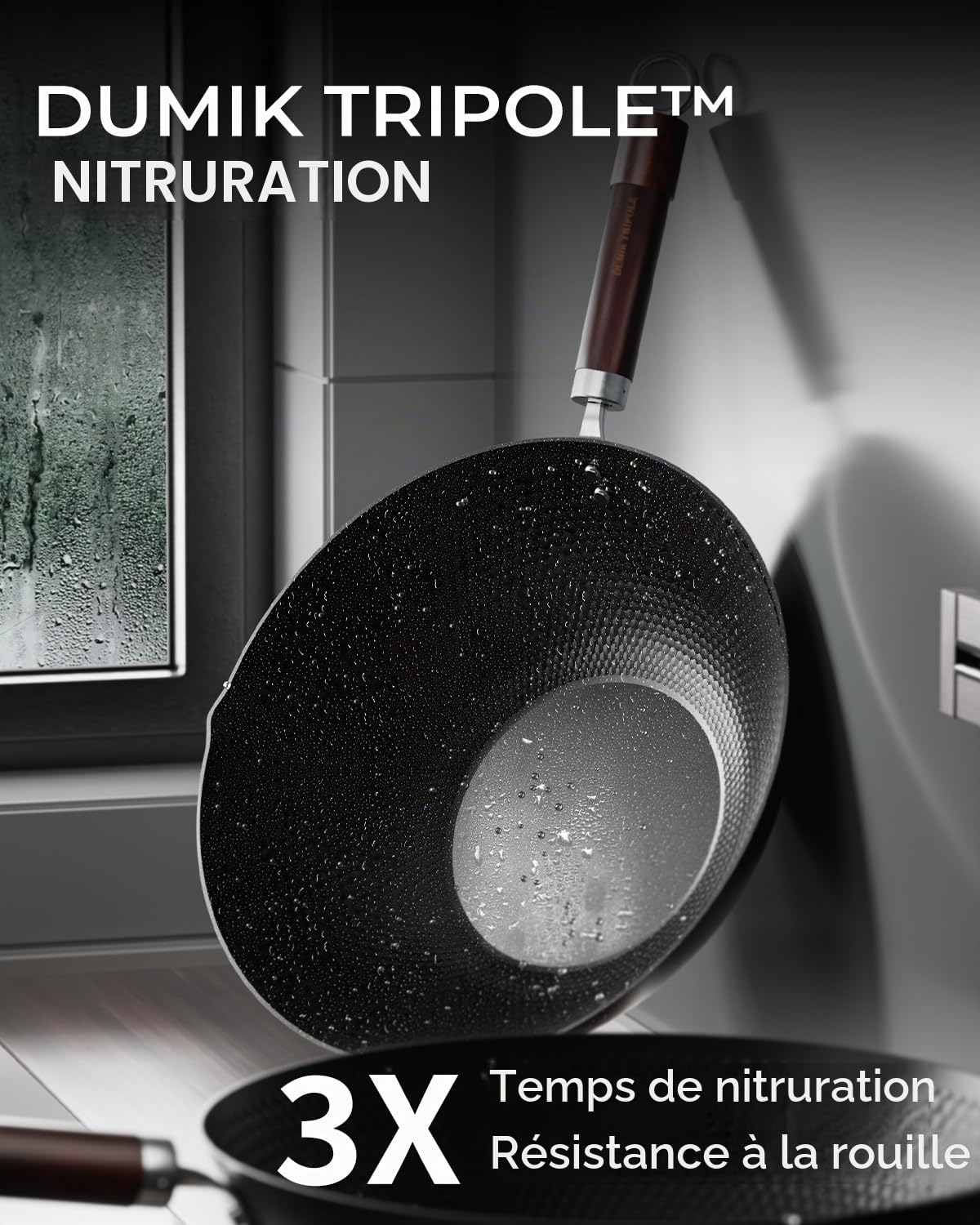 Wok induction 30 cm en acier carbone préculotté avec couvercle en verre