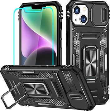 for iPhone 14 Plus Case with Screen Protector and with Camera Cover, 360Military Grade Rotatable Kickstand Heavy Duty Shockproof Protective, Case for iPhone 14 Plus Black