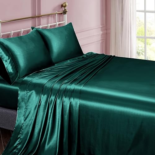 Vista 149 de Vonty Satin Sheets King Silky Soft Satin Bed Sheets Amber Beige Sheet Set, 1 Deep Pocket Fitted Sheet + 1 Flat Sheet + 2 Pillowcases