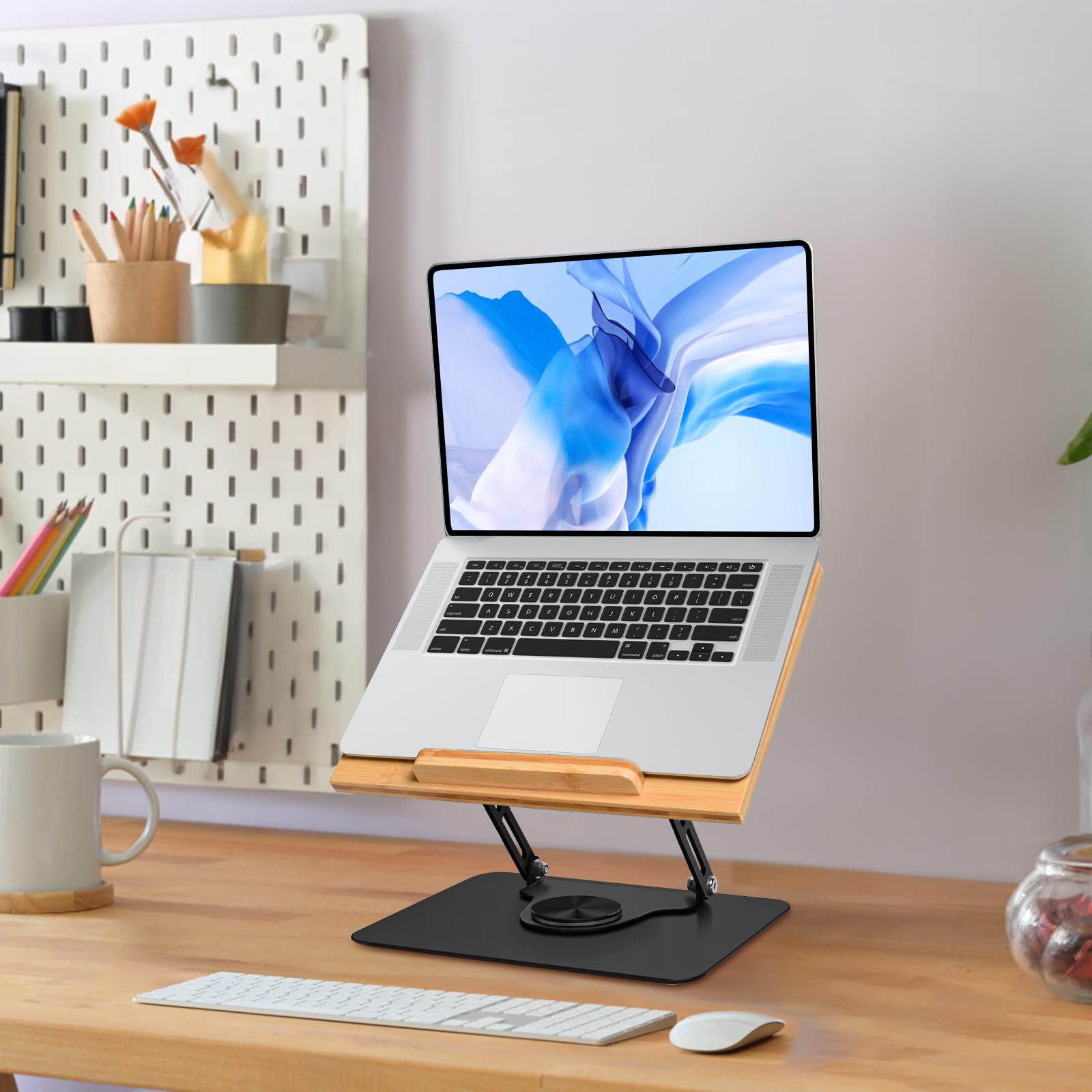 wishacc Supporto regolabile per laptop con base rotante a 360, supporto per computer portatile Ergonimic pieghevole per scrivania compatibile con MacBook Pro/Air fino a 16 pollici, legno di bambù (28