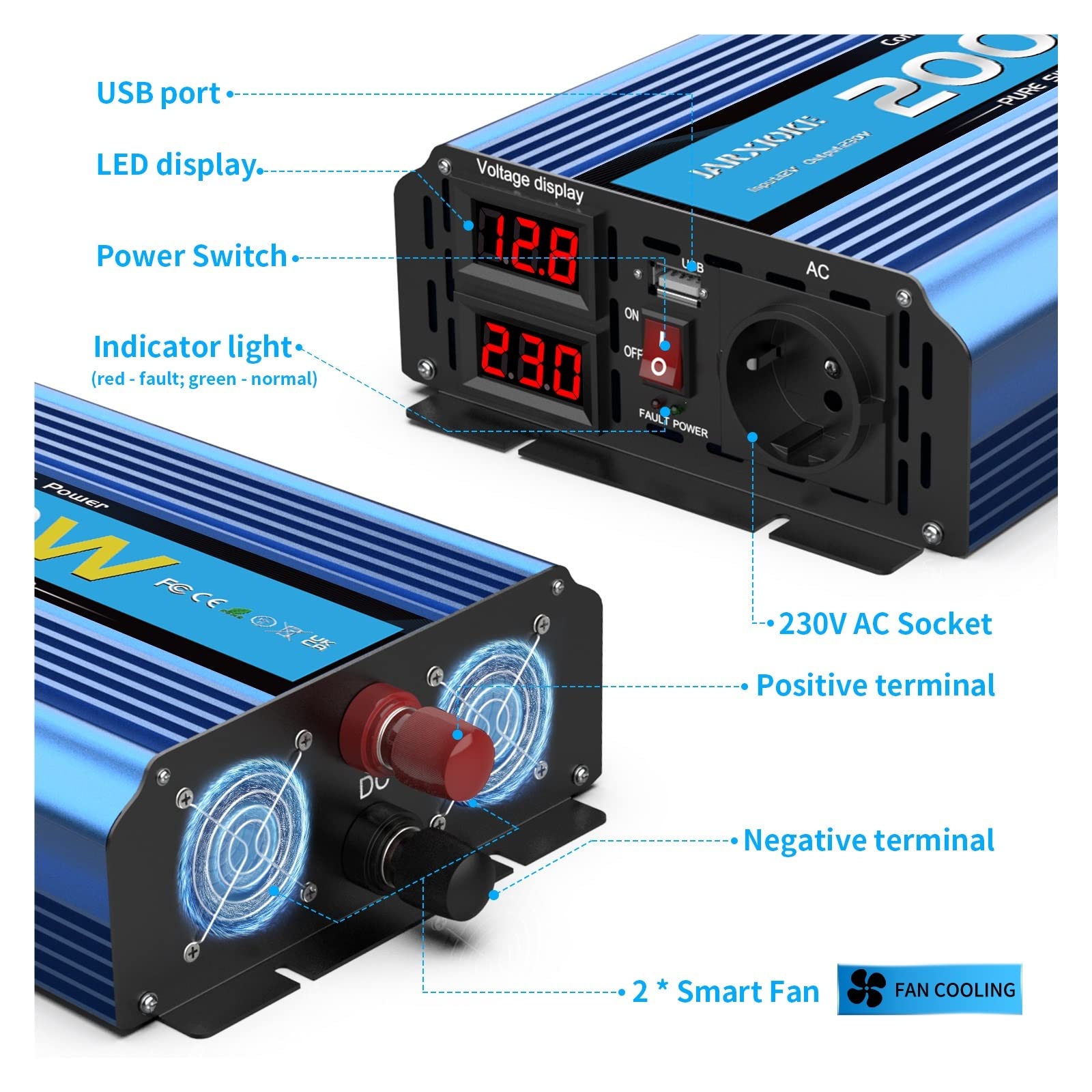 Falownik 12 V 220 V czysty sinus 12 V 24 V 220 V napięcie 4000 W/3000 W/2000 W DC 12 V 24 V transformator czysty sinusoidalny falownik solarny LED (3000 W, 24 V-230 V-EUROPE)