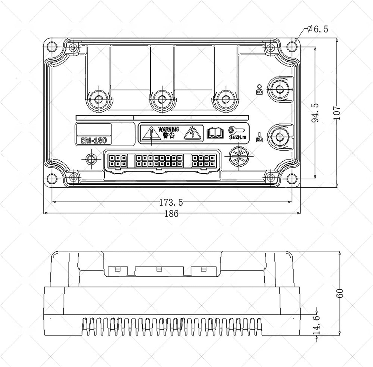 Technical drawing of the Fardriver EM180 GTS controller with detailed dimensions in millimeters.